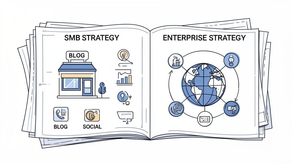 Visual comparison of SMB and Enterprise marketing strategies in an open book format.