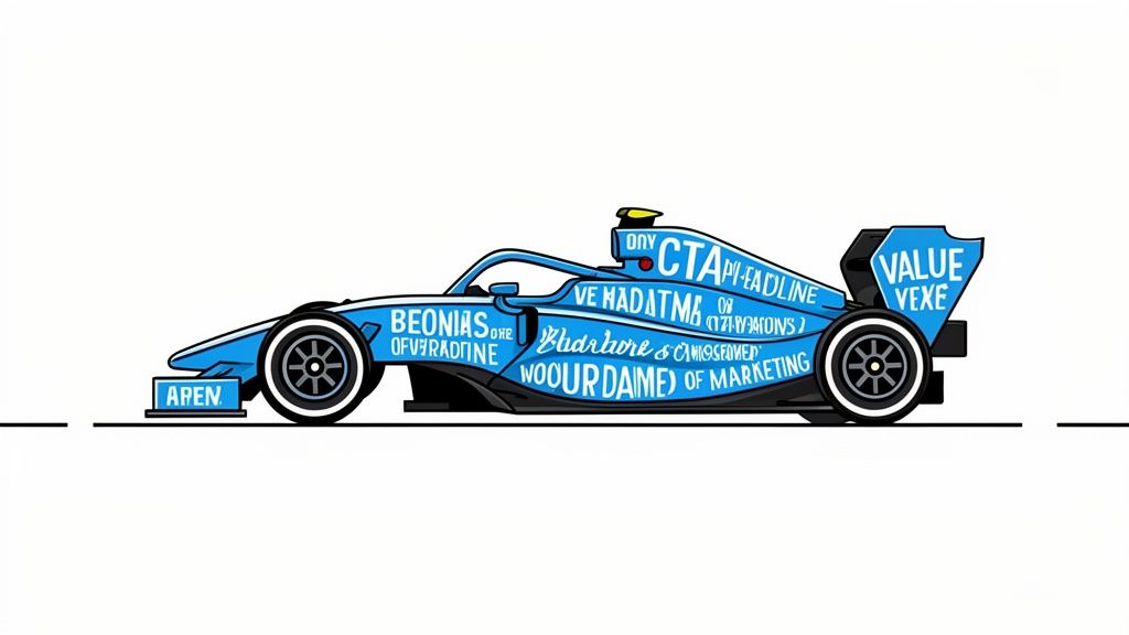 A stylized blue Formula 1 race car covered in marketing and copywriting keywords, on a white background.