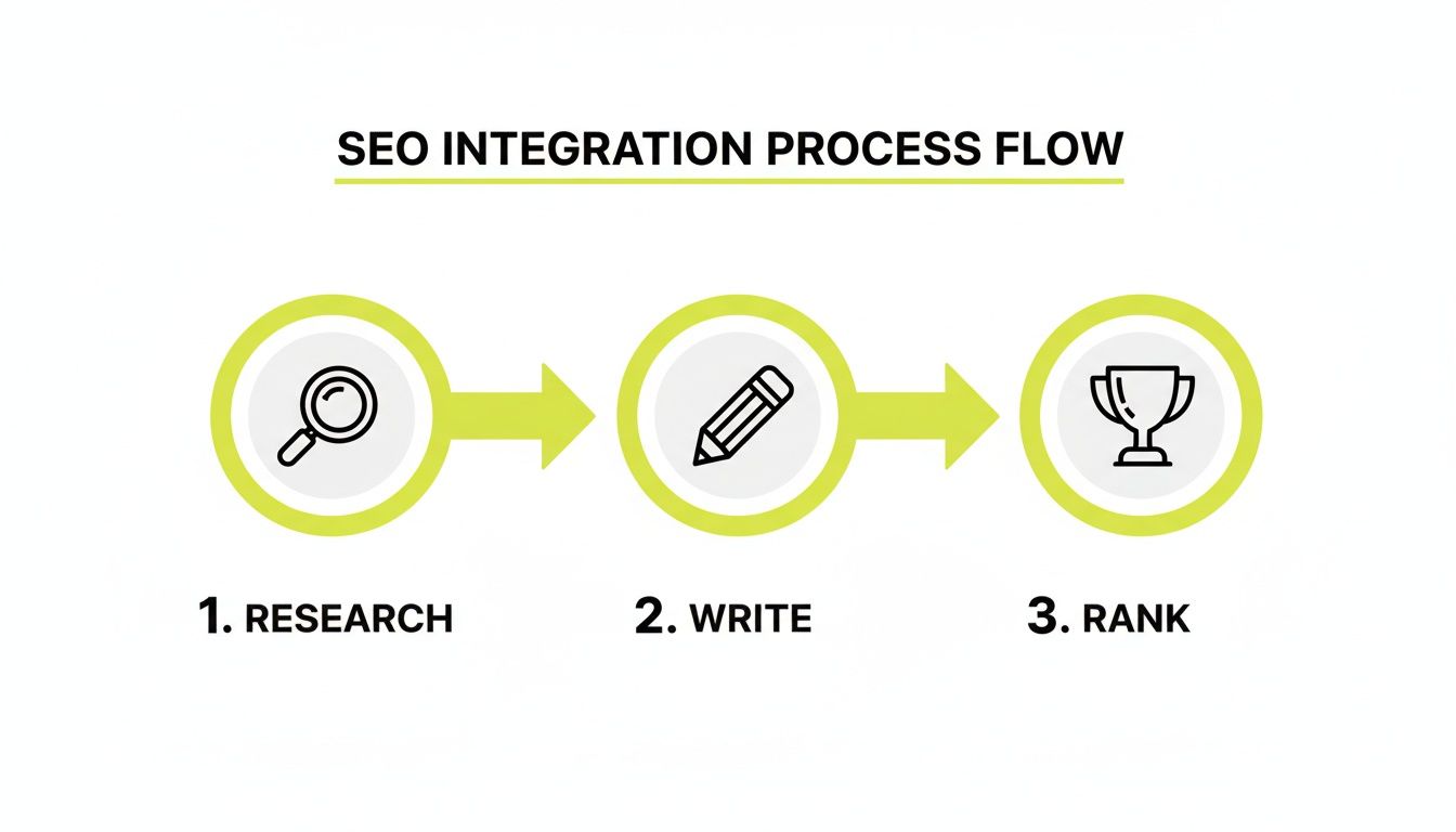 A diagram illustrating the SEO integration process flow with three steps: Research, Write, and Rank.