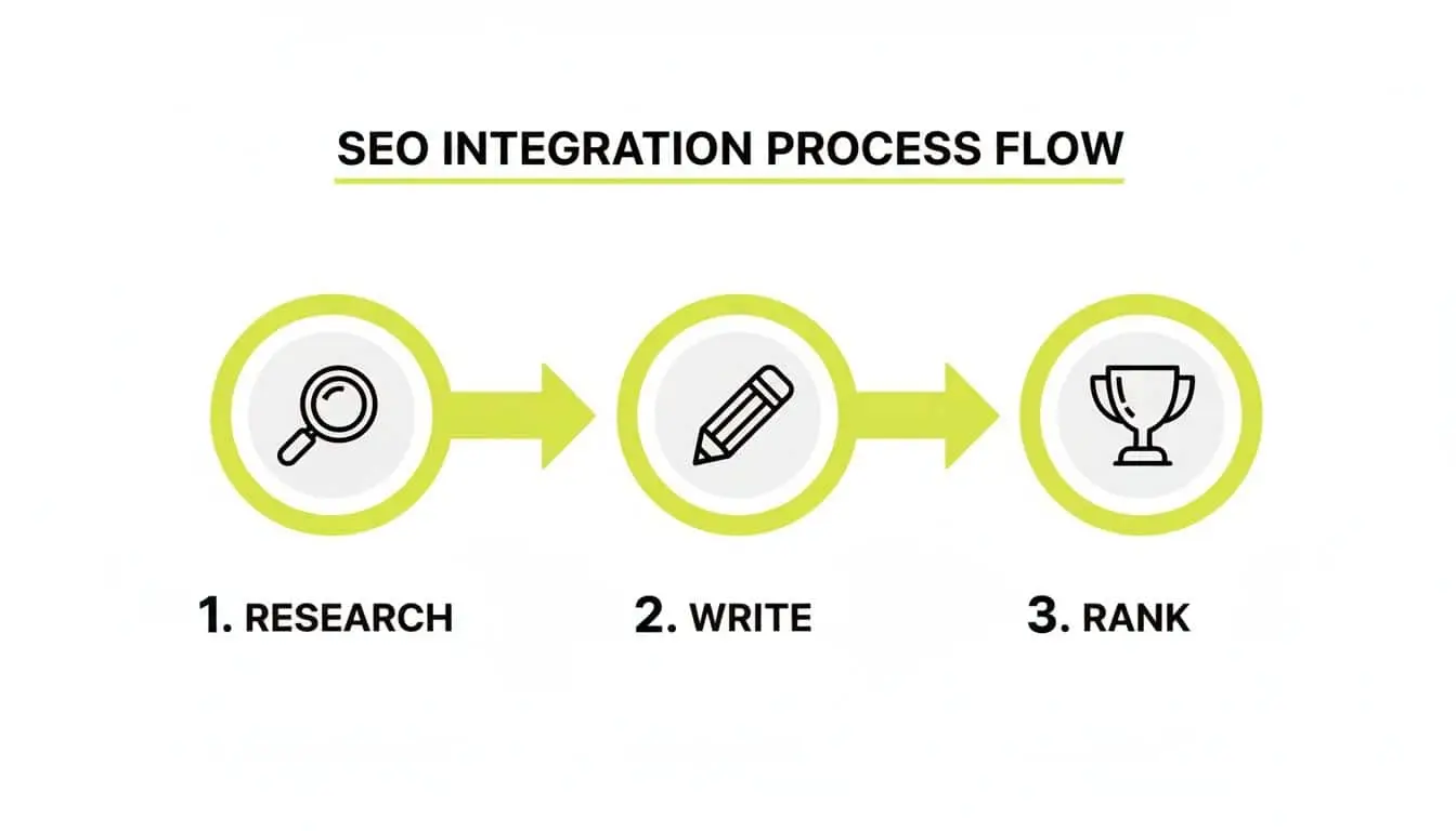 A diagram illustrating the SEO integration process flow with three steps: Research, Write, and Rank.