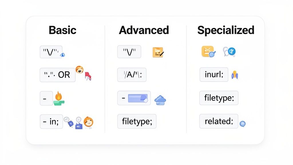 A cheat sheet image showcasing Google Search Operators divided into Basic, Advanced, and Specialized categories.
