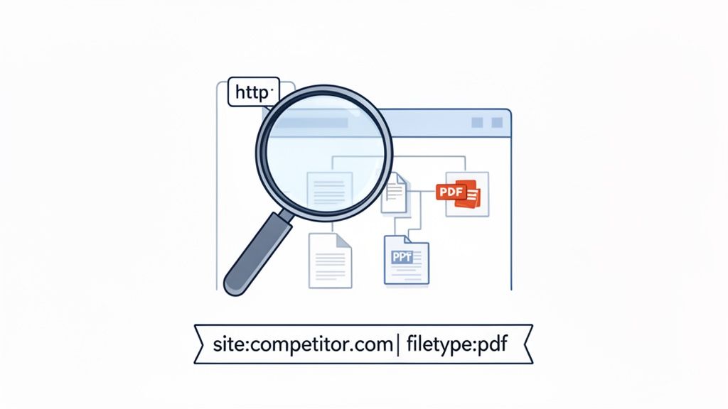 Illustration of using Google search operators to find specific file types like PDF and PPT on a website.