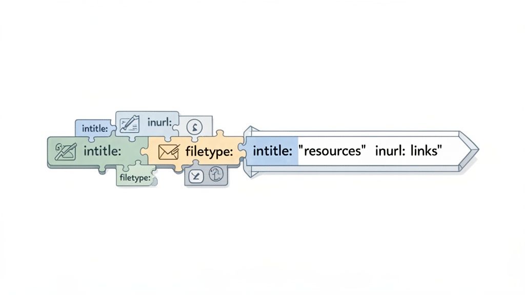 Puzzle pieces illustrating Google search operators intitle, inurl, and filetype forming a search query.