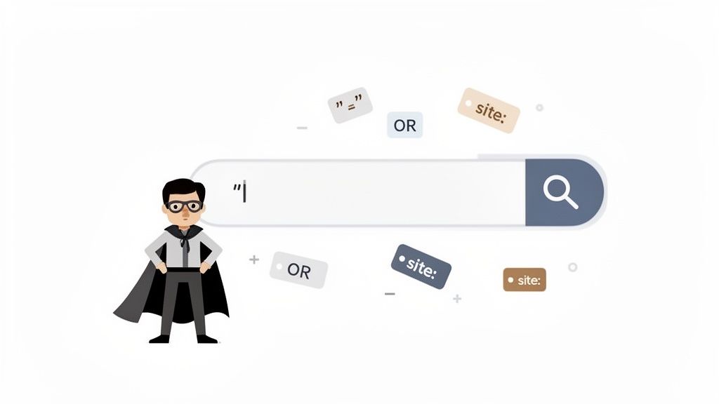 Cartoon superhero character standing next to a search bar surrounded by advanced search operators.