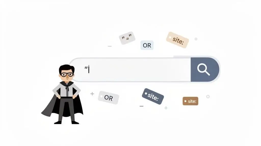 Cartoon superhero character standing next to a search bar surrounded by advanced search operators.
