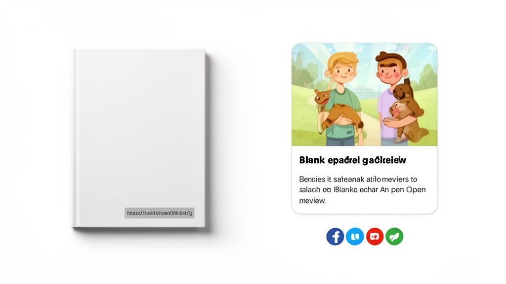 A blank white book next to a social media preview card featuring two boys with dogs and share buttons.