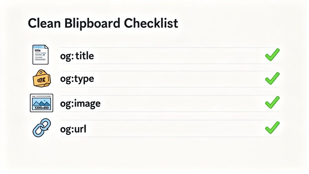 Checklist for clean Open Graph protocol, including title, type, image, and URL, with all items checked.