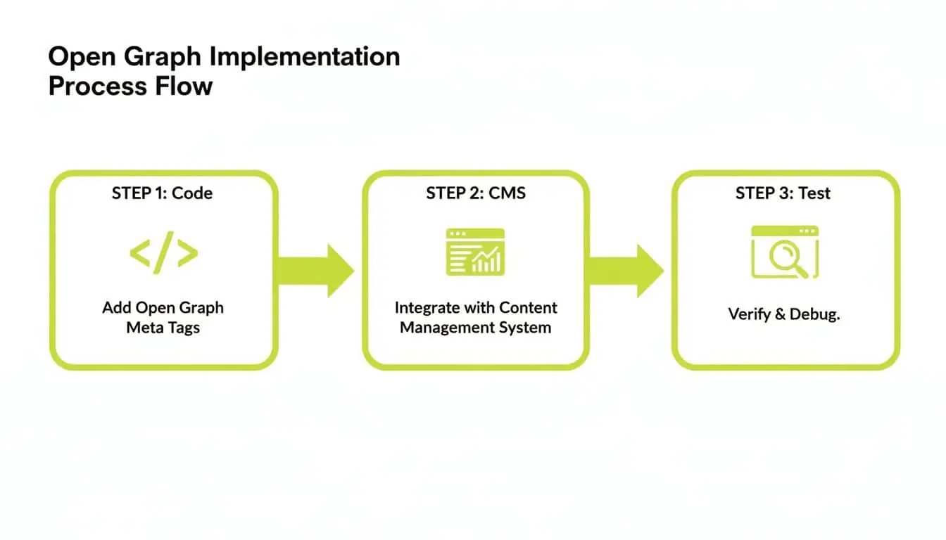 Open Graph implementation process flow: code meta tags, integrate with CMS, then test and debug.