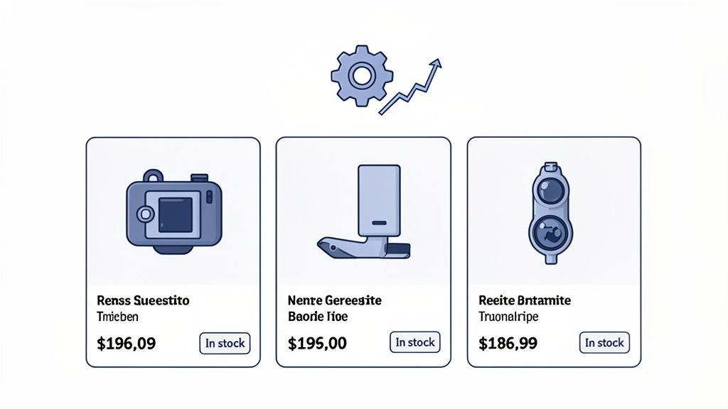 Three e-commerce product listings showing items, prices, and 'In stock' buttons with a business growth icon.