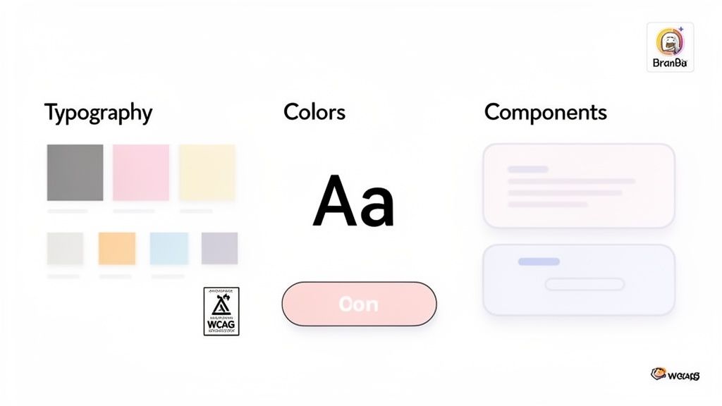 A design system showcasing typography, color palettes, and UI components with accessibility guidelines.