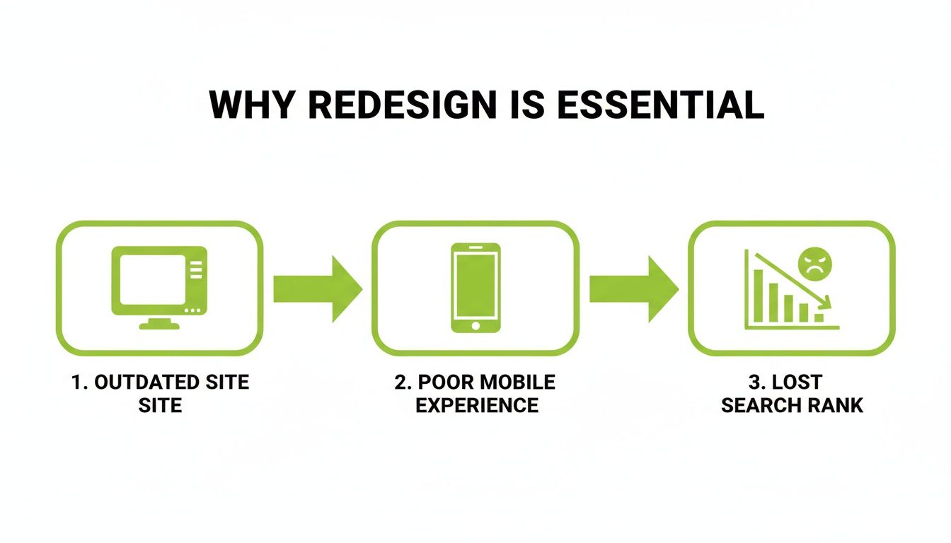 Infographic showing why website redesign is essential, linking outdated sites to poor mobile experience and lost search rank.