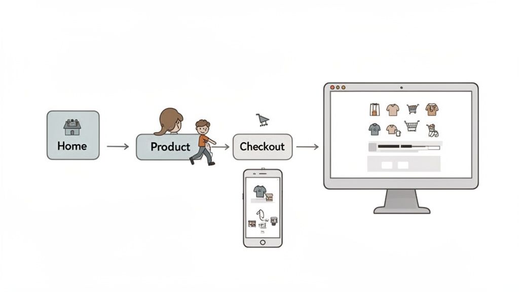 Illustration of an e-commerce user journey from home to product page and checkout.