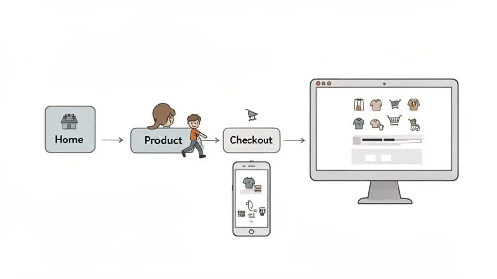 Illustration of an e-commerce user journey from home to product page and checkout.