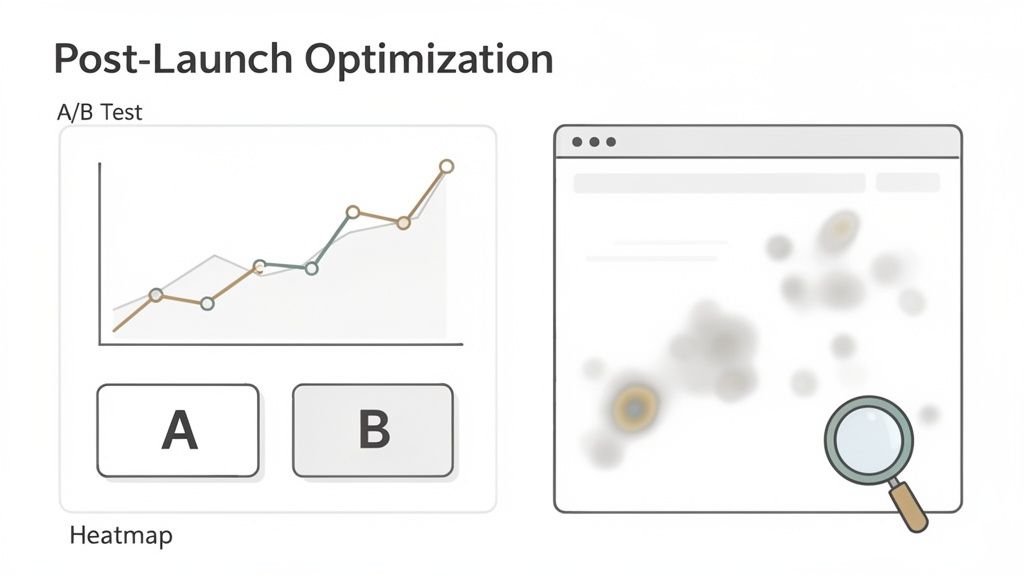 Visualizing post-launch website optimization using an A/B test graph comparing two versions and a heatmap showing user activity.