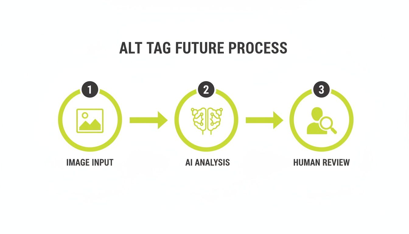 A diagram illustrating the future process for generating alt tags: Image Input, AI Analysis, and Human Review.