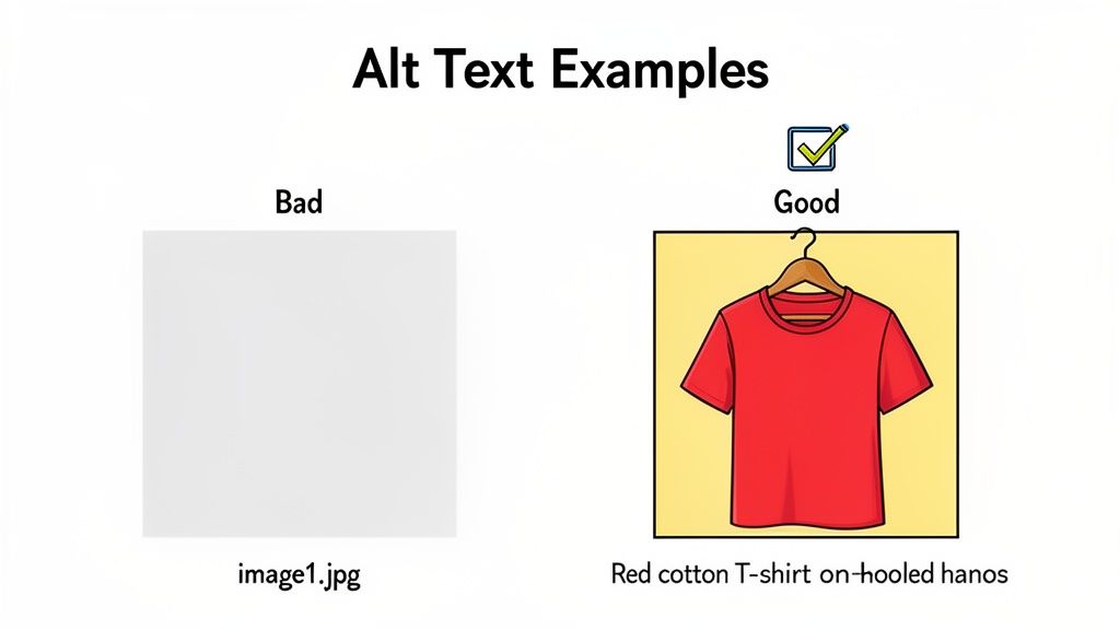 An image illustrating good versus bad alt text examples, showing a red t-shirt on a hanger for a good description.