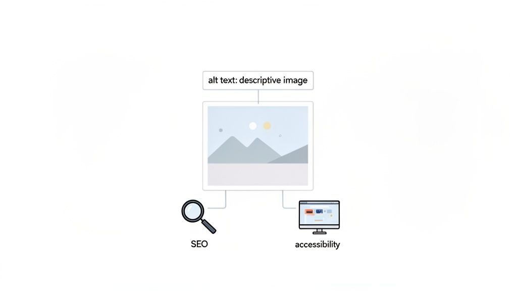 An illustration showing an image with alt text benefiting both search engine optimization (SEO) and web accessibility.