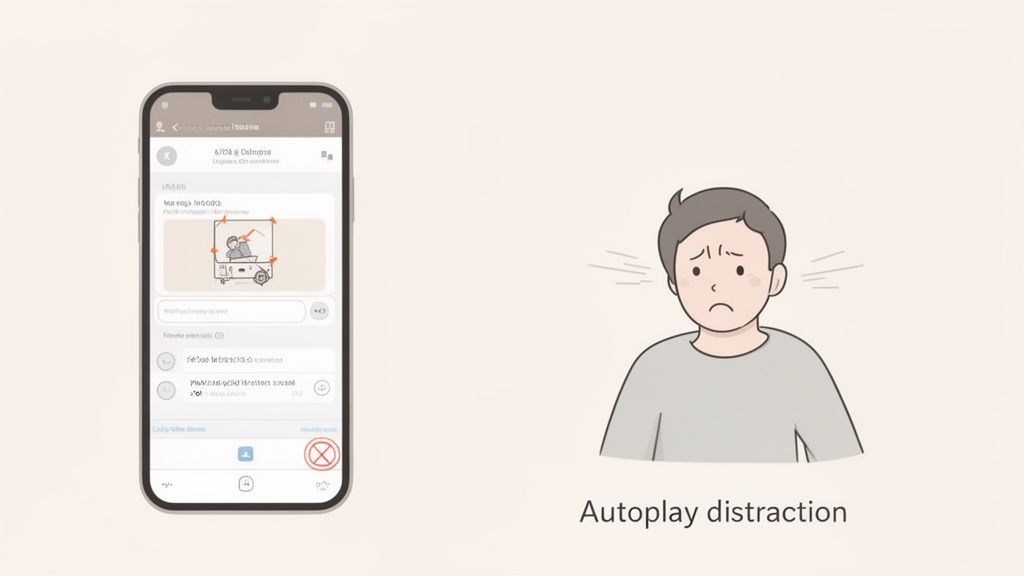 A smartphone displaying an autoplaying video on a social media feed, bothering a distressed cartoon man.
