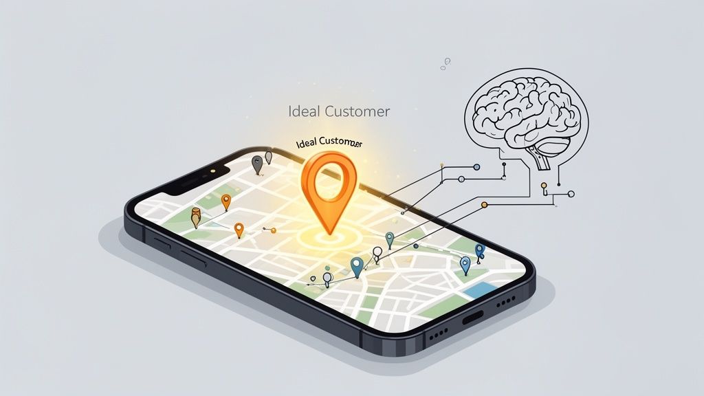 Smartphone map displays an 'Ideal Customer' location pin, with data connected to an intelligence brain.
