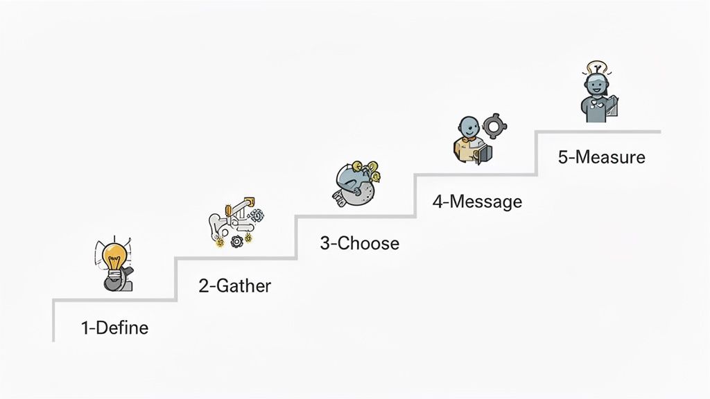 A 5-step marketing process illustration showing define, gather, choose, message, and measure with icons.