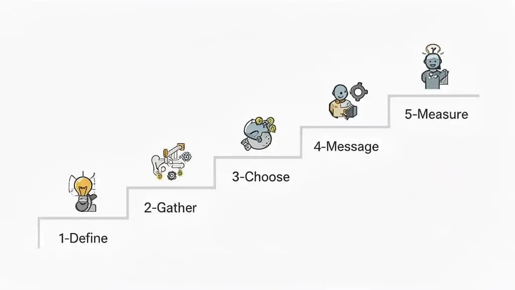 A 5-step marketing process illustration showing define, gather, choose, message, and measure with icons.