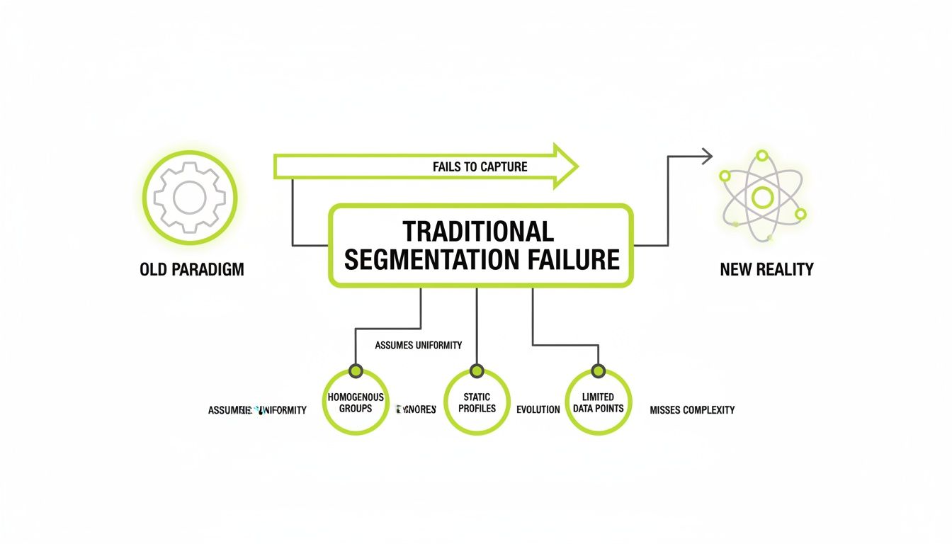 An infographic illustrating the failures of traditional marketing segmentation, contrasting an old paradigm with a new reality.