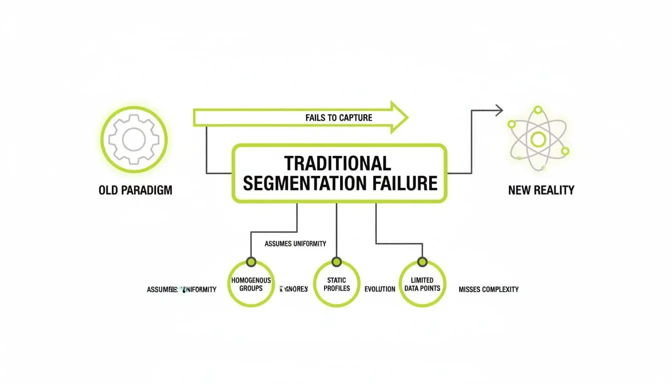 An infographic illustrating the failures of traditional marketing segmentation, contrasting an old paradigm with a new reality.