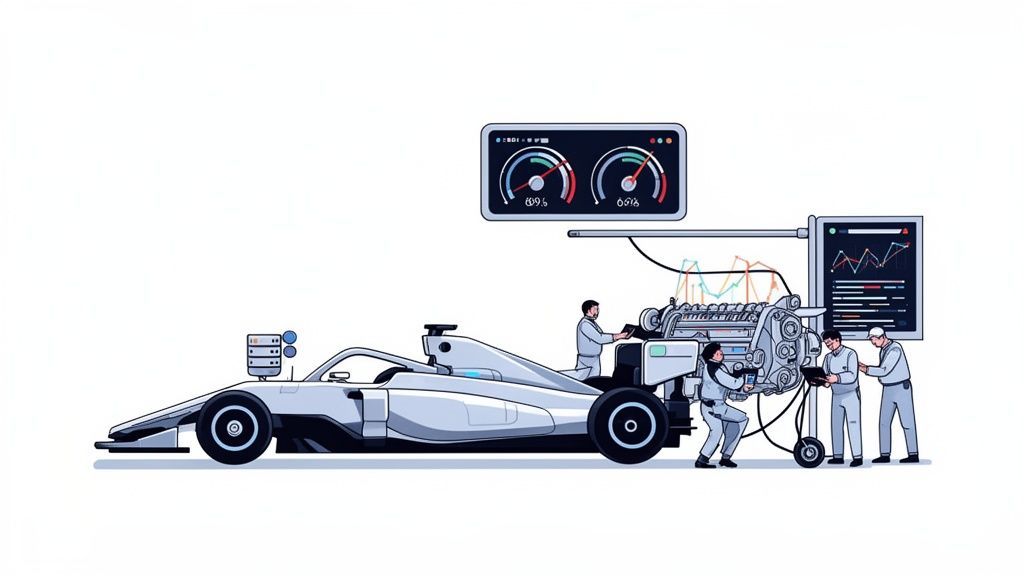 Engineers analyze data from a high-performance racing car, illustrating advanced diagnostics and technical support.