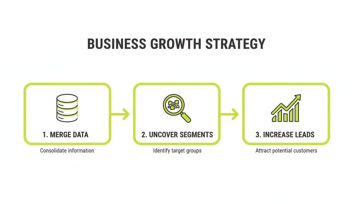 A flowchart illustrates a business growth strategy with three steps: merge data, uncover segments, and increase leads.