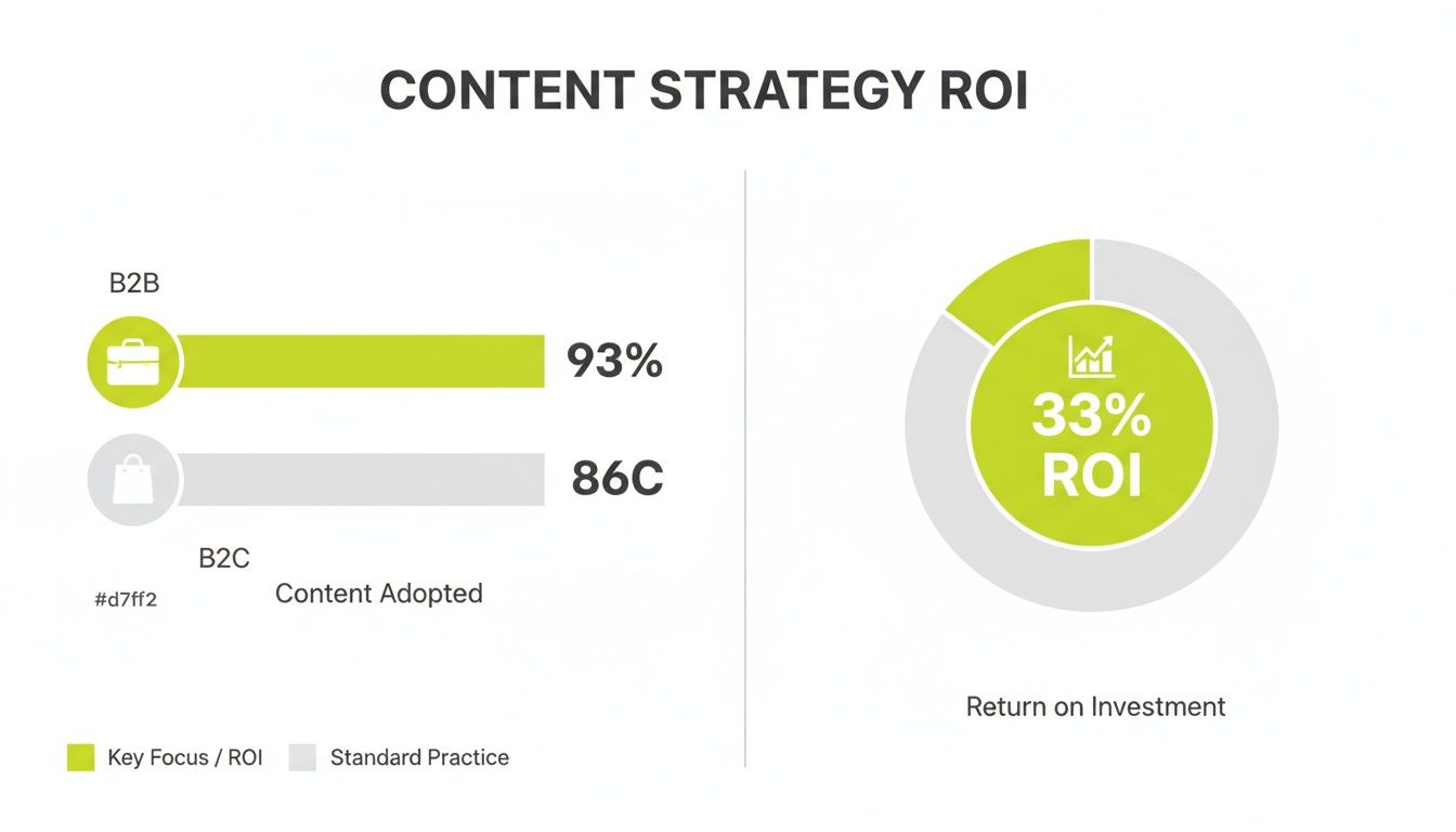 Infographic illustrating content strategy return on investment for B2B and B2C, with 33% overall ROI.
