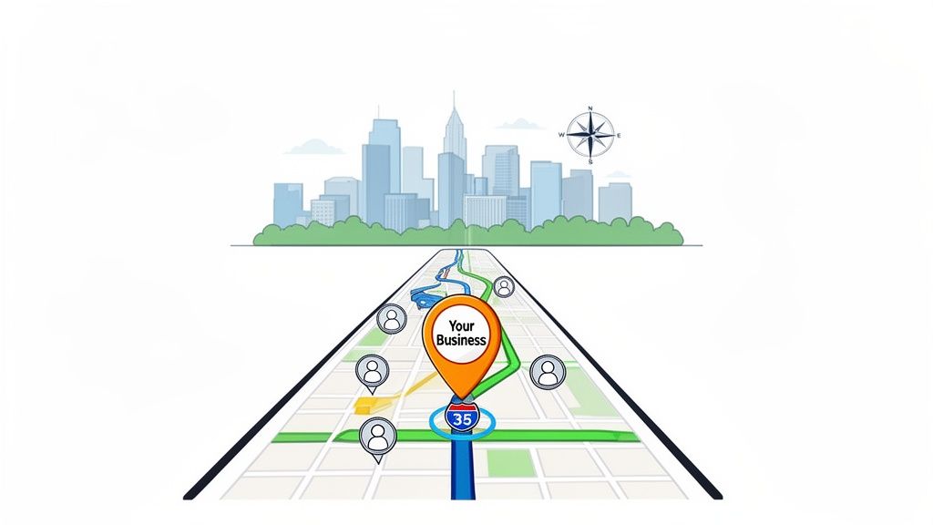 A GPS map highlighting 'Your Business' in a city, attracting customers, with I-35 nearby.
