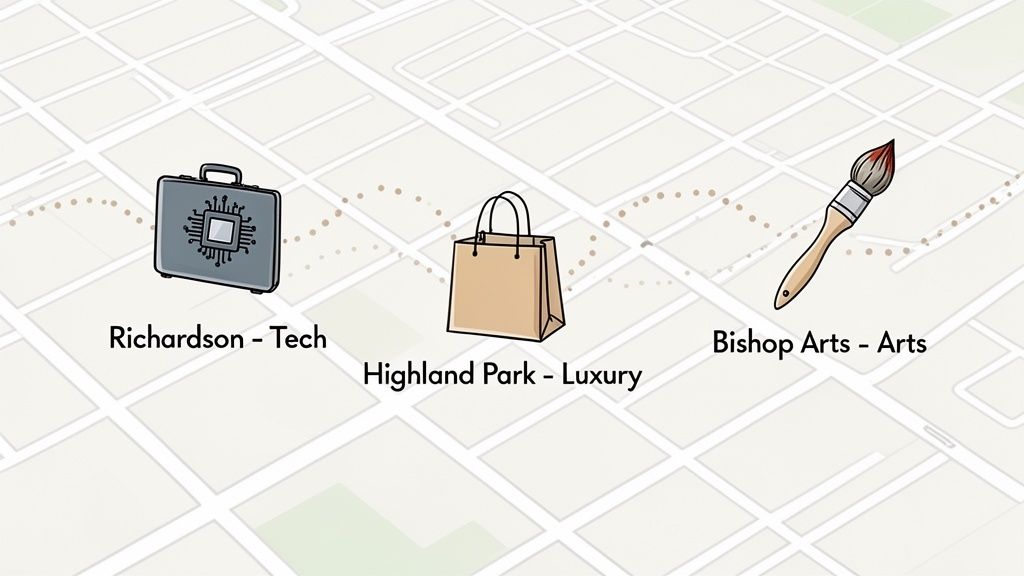 Map showing Richardson (Tech), Highland Park (Luxury), and Bishop Arts (Arts) with relevant icons.