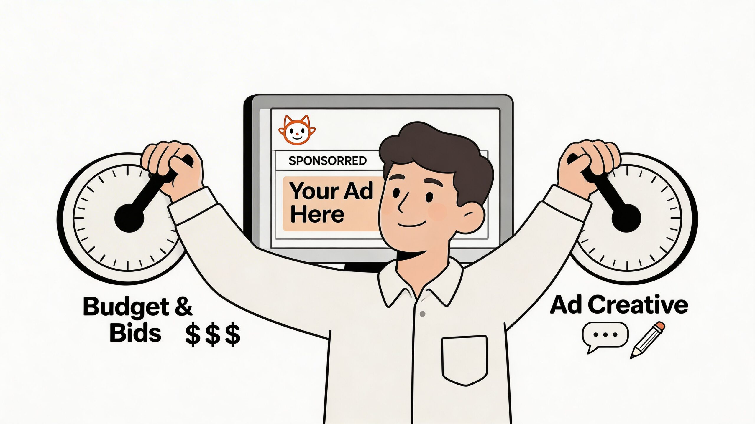 A person adjusting two dials labeled Budget & Bids and Ad Creative to optimize a Reddit advertisement.