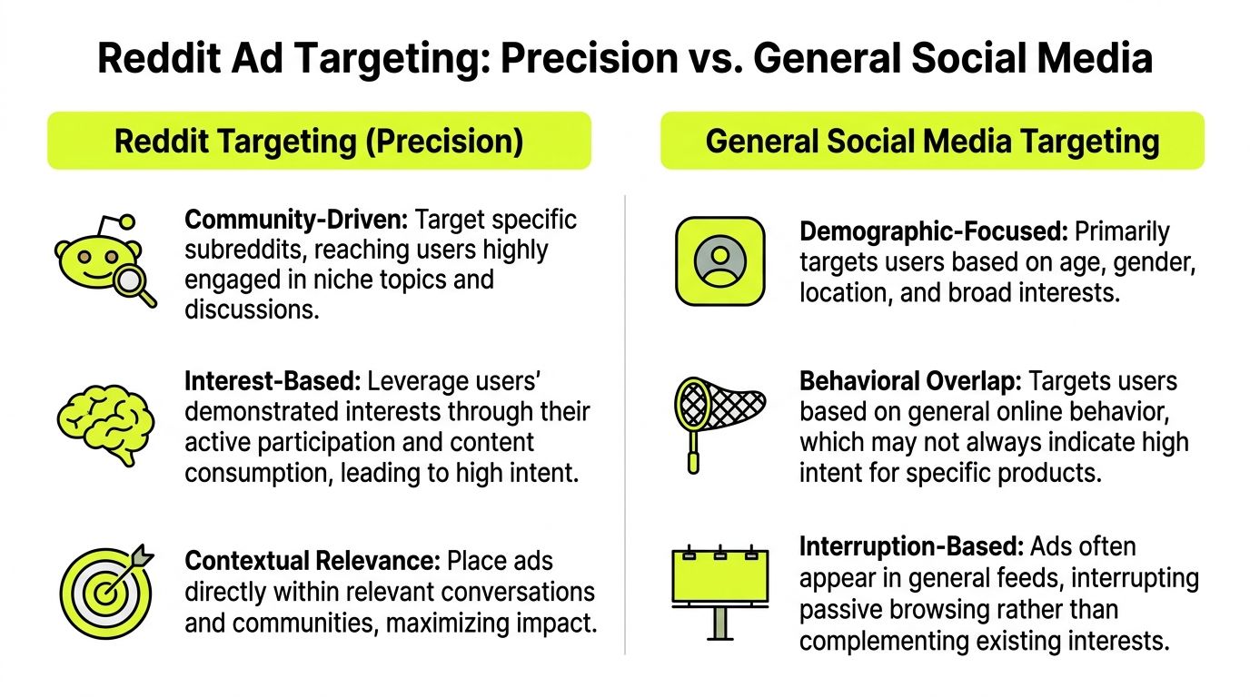 A comparison chart highlighting the differences between Reddit precision ad targeting and general social media targeting.