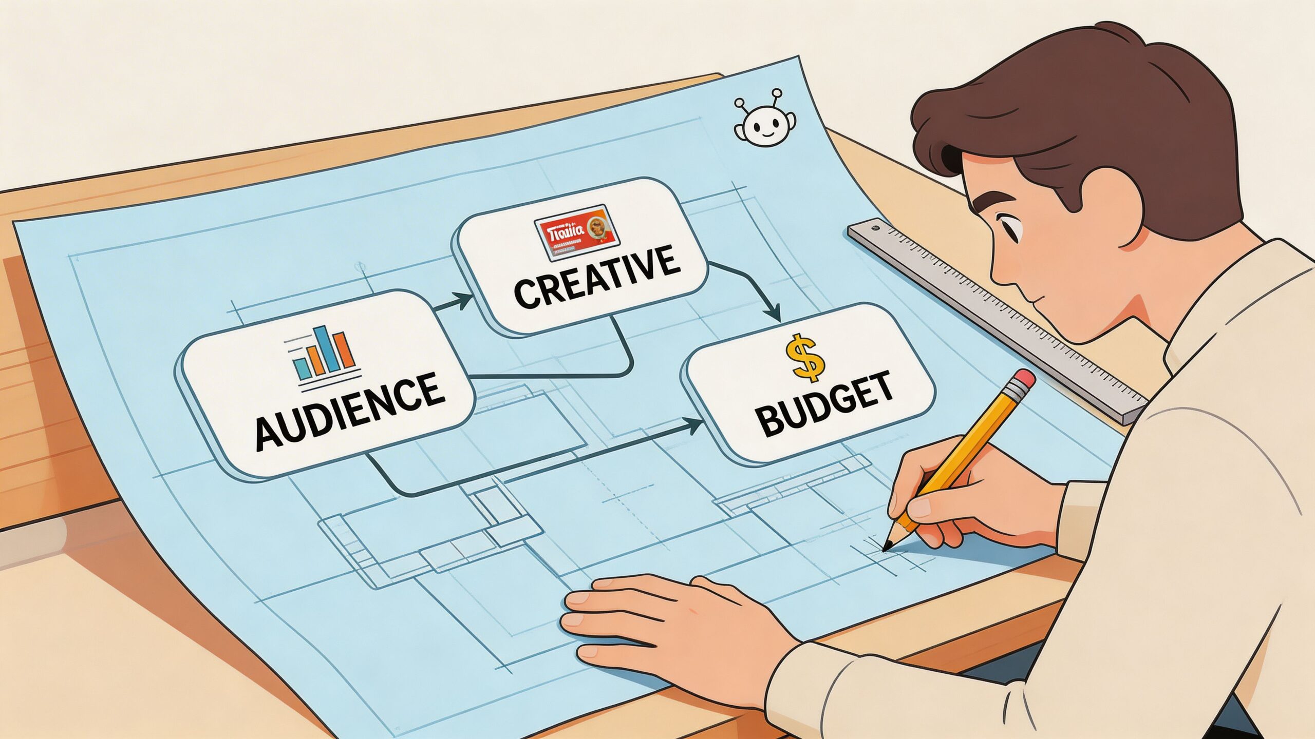 A person sketching a digital marketing workflow showing audience, creative, and budget elements on a blueprint.
