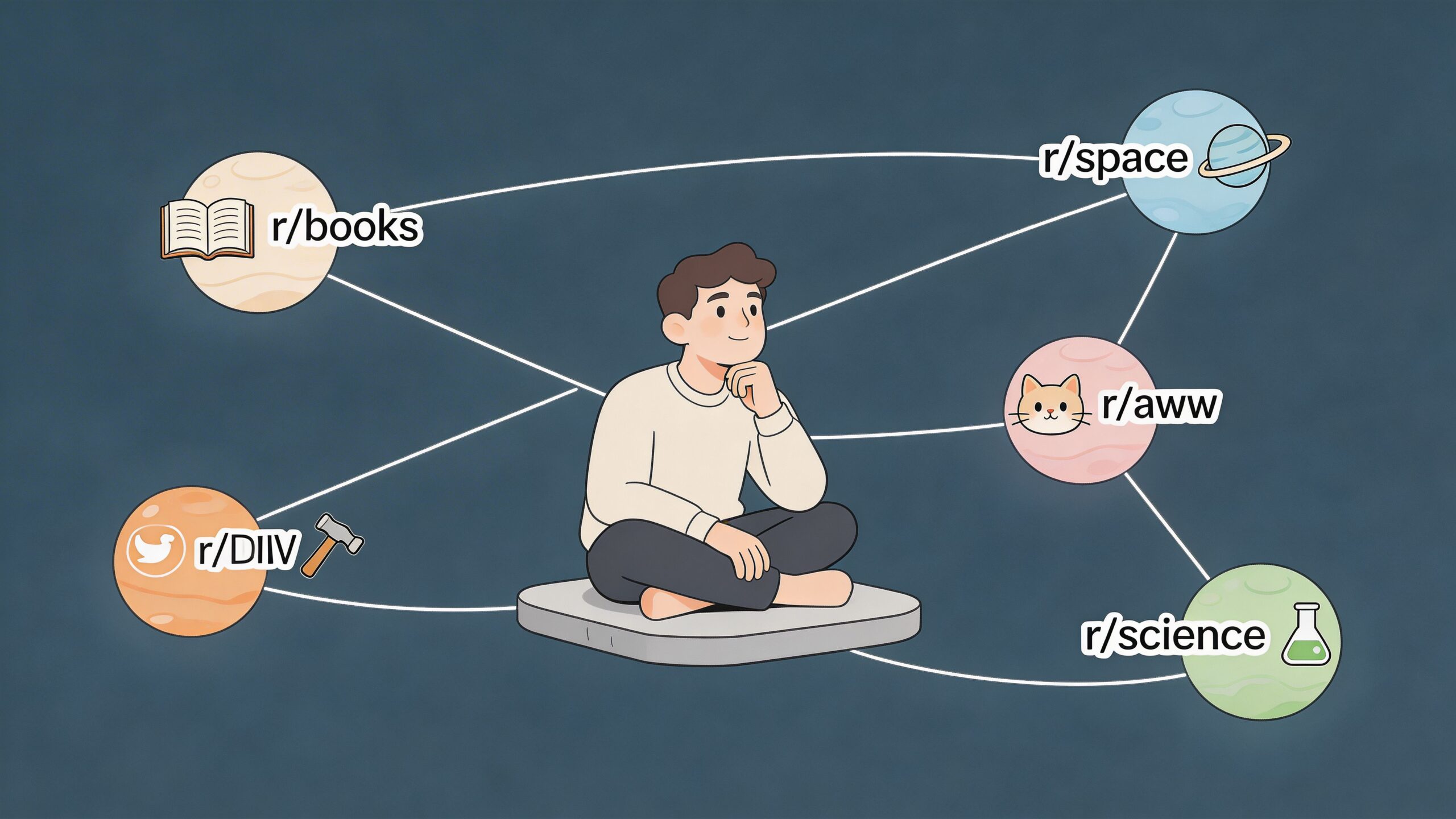 A person sitting on a floating cushion, surrounded by various Reddit community icons connected by lines.