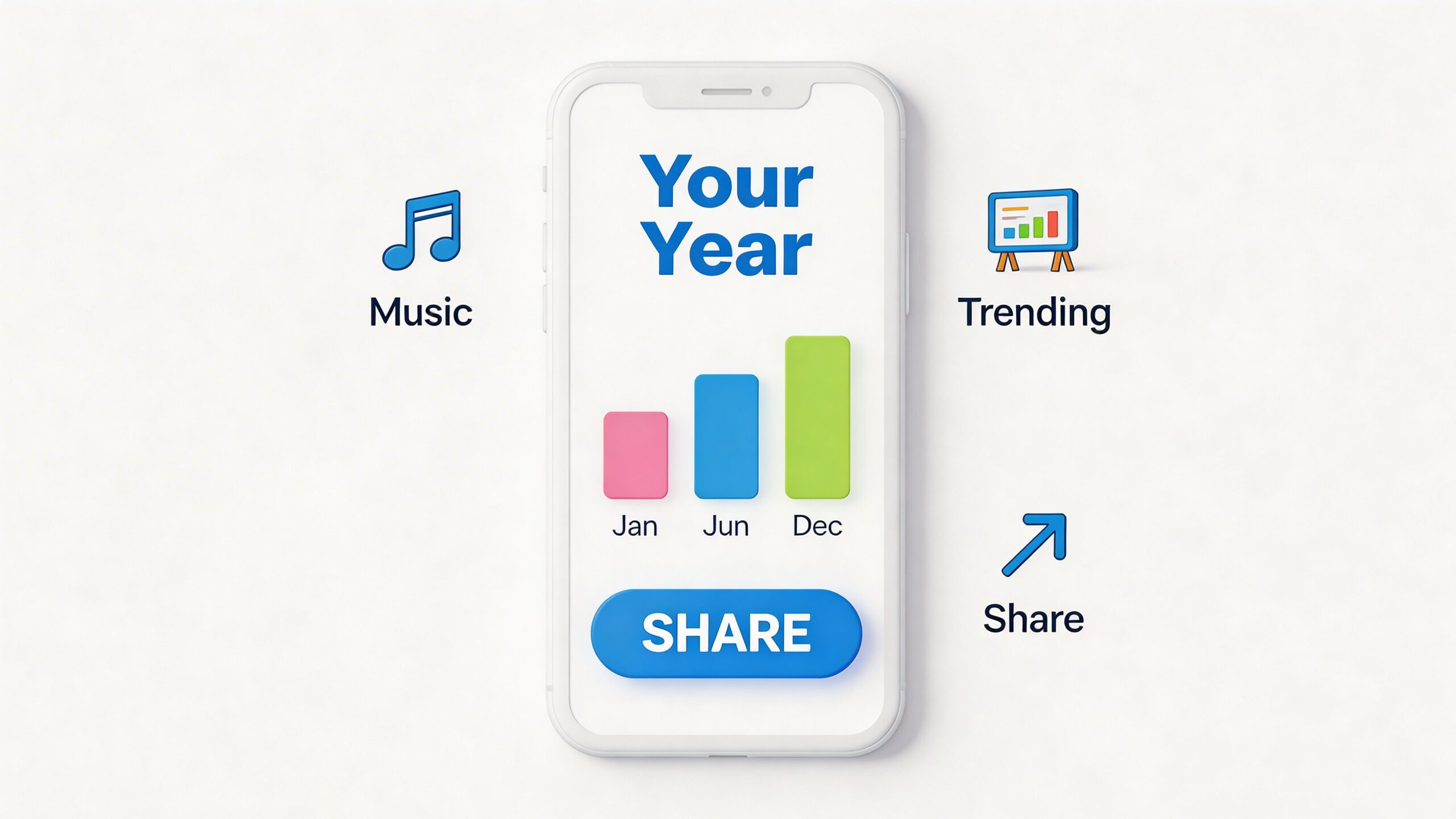 A 3D smartphone displaying a Your Year summary interface with music, trending, and share icons nearby.