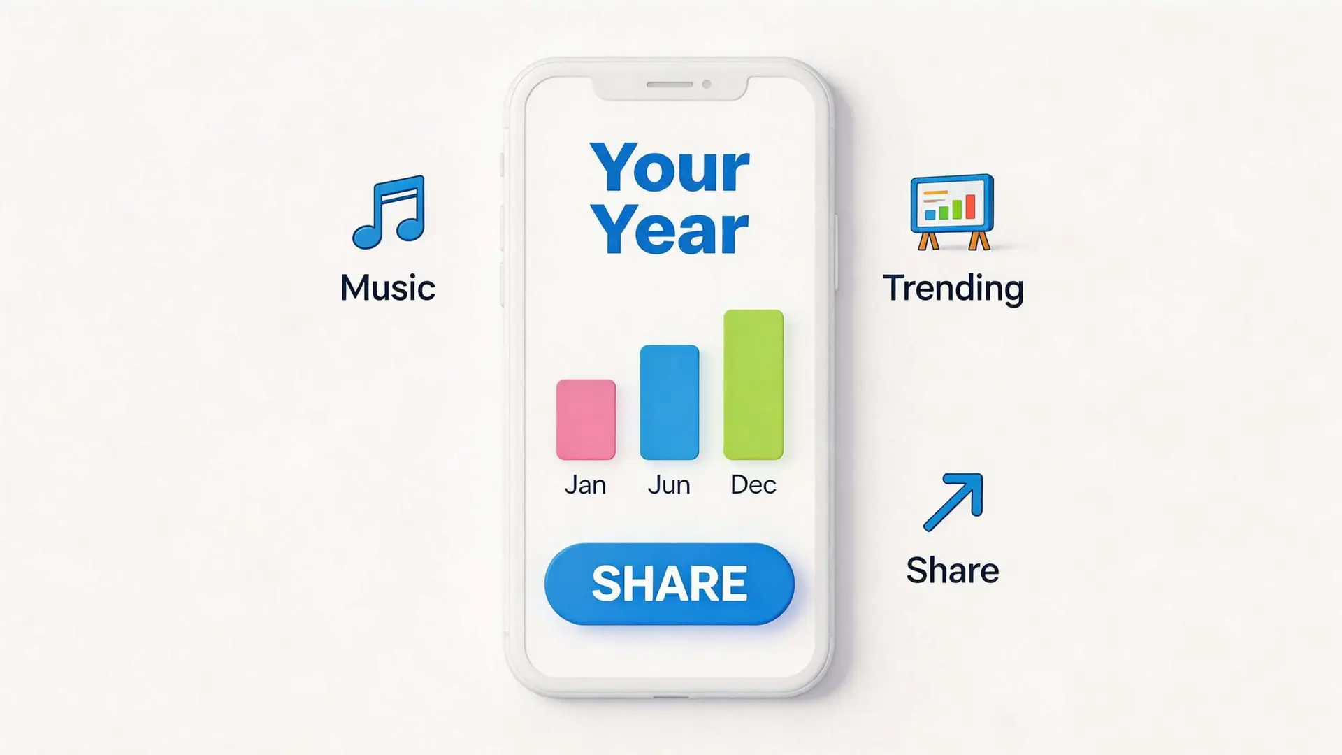 A 3D smartphone displaying a Your Year summary interface with music, trending, and share icons nearby.