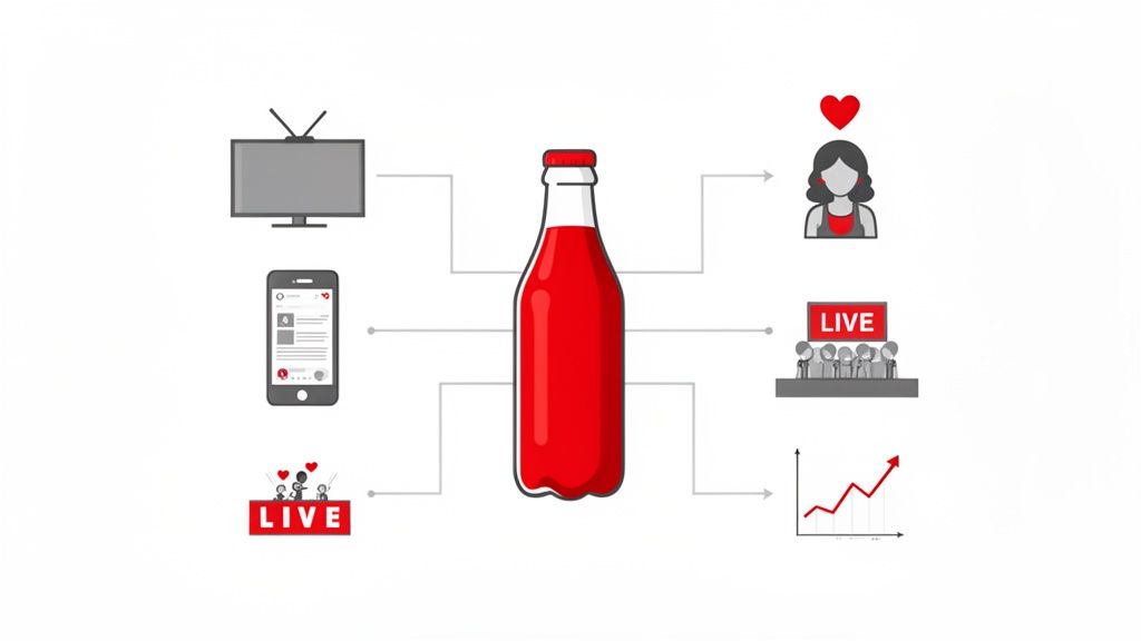 Visualizing multi-channel media planning and marketing strategy around a red product bottle.