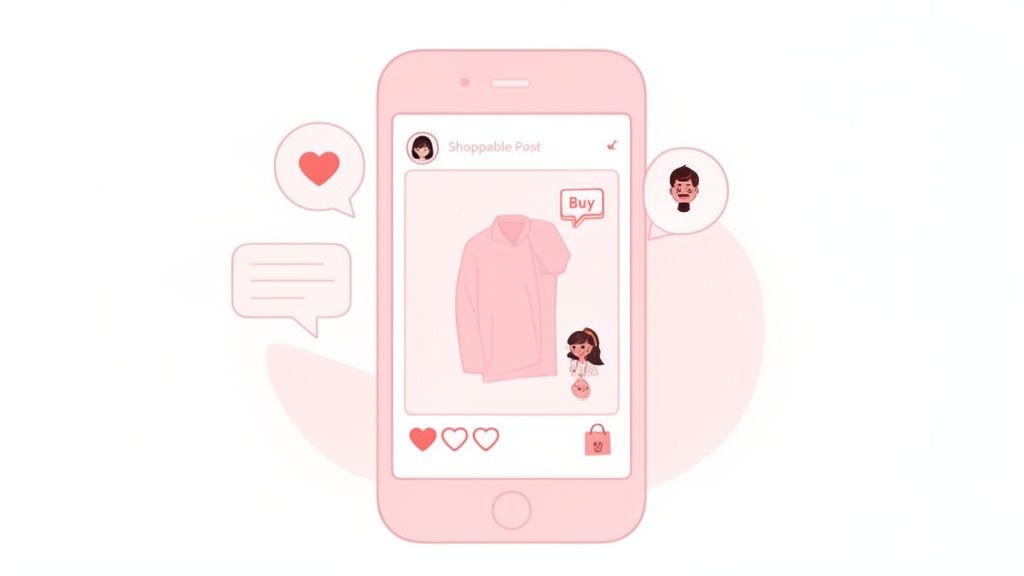 Pink smartphone displaying a shoppable social media post with a shirt, buy button, and engagement icons.