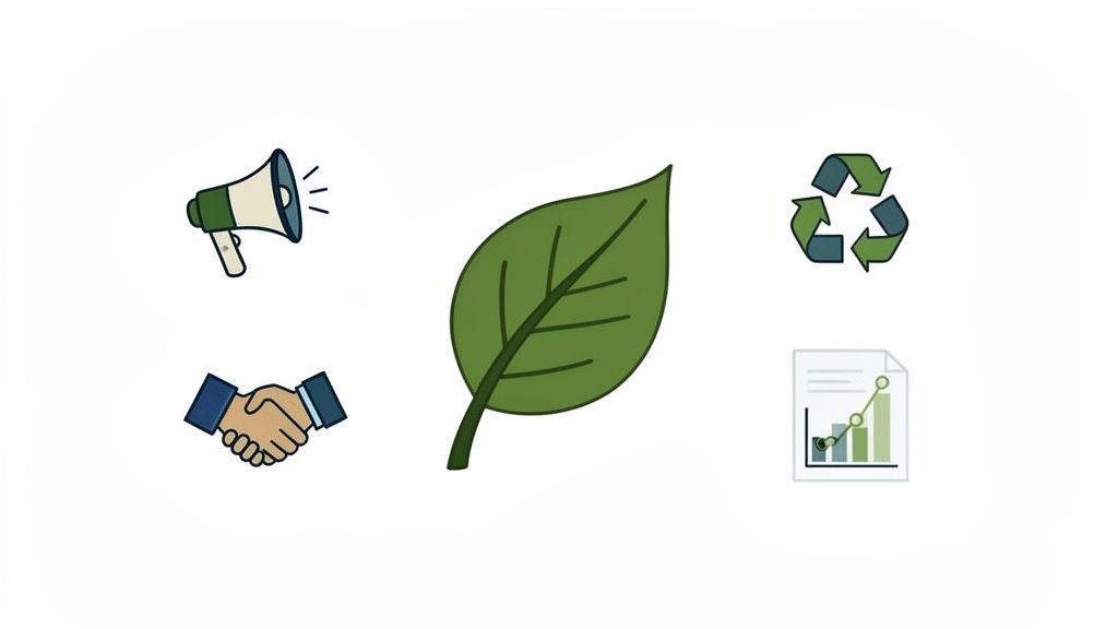 An illustration showing a green leaf surrounded by symbols of communication, partnership, recycling, and growth.