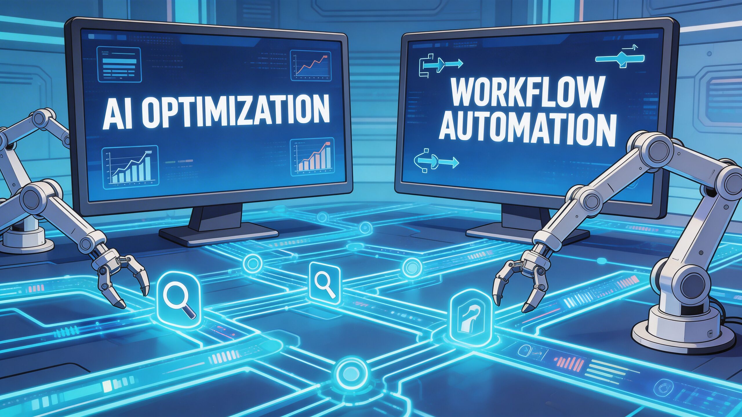 Robotic arms interacting with digital interfaces displaying AI optimization and workflow automation concepts on computer screens.