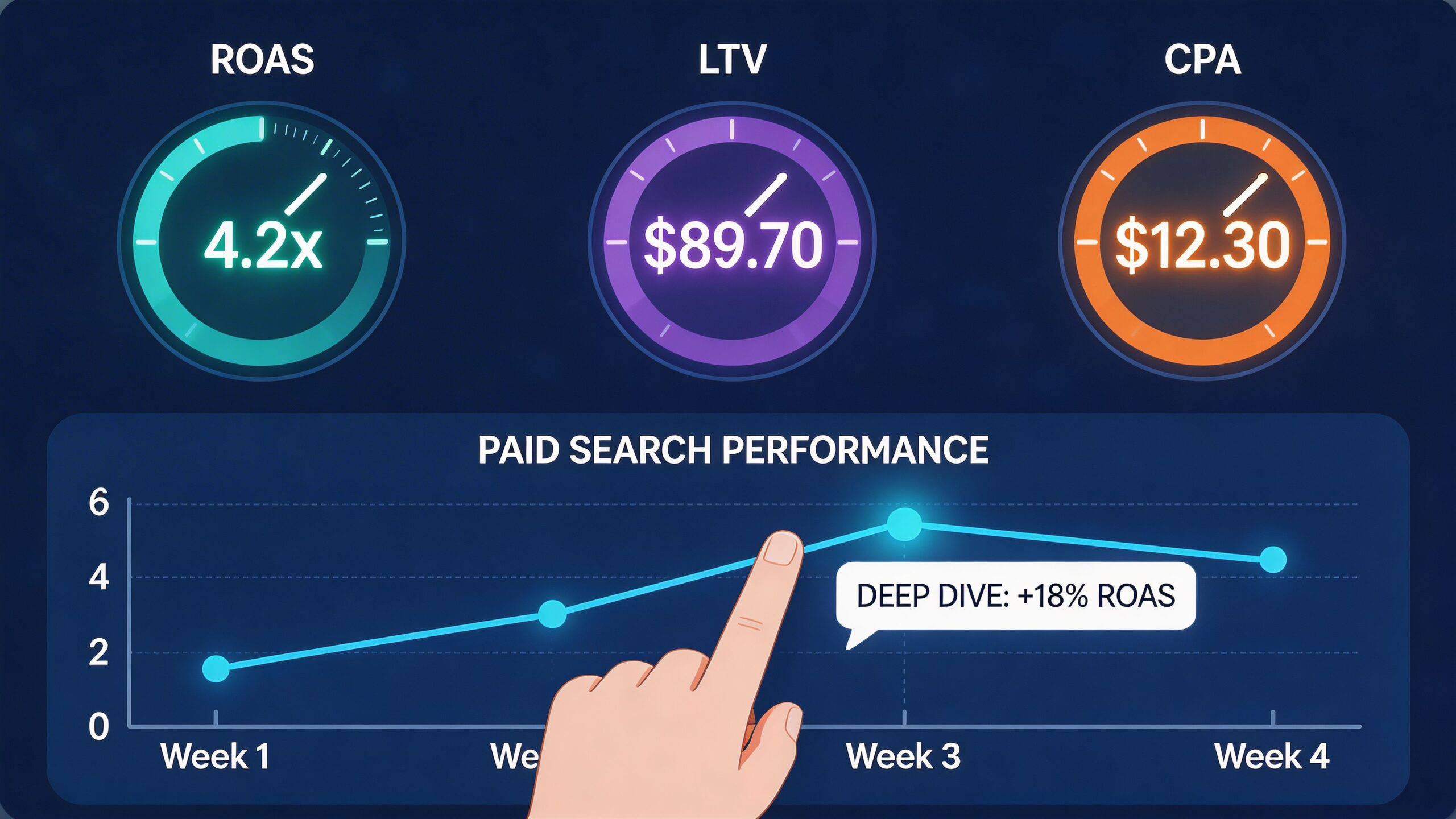 A digital dashboard showing performance metrics like ROAS, LTV, and CPA alongside a line graph for paid search.