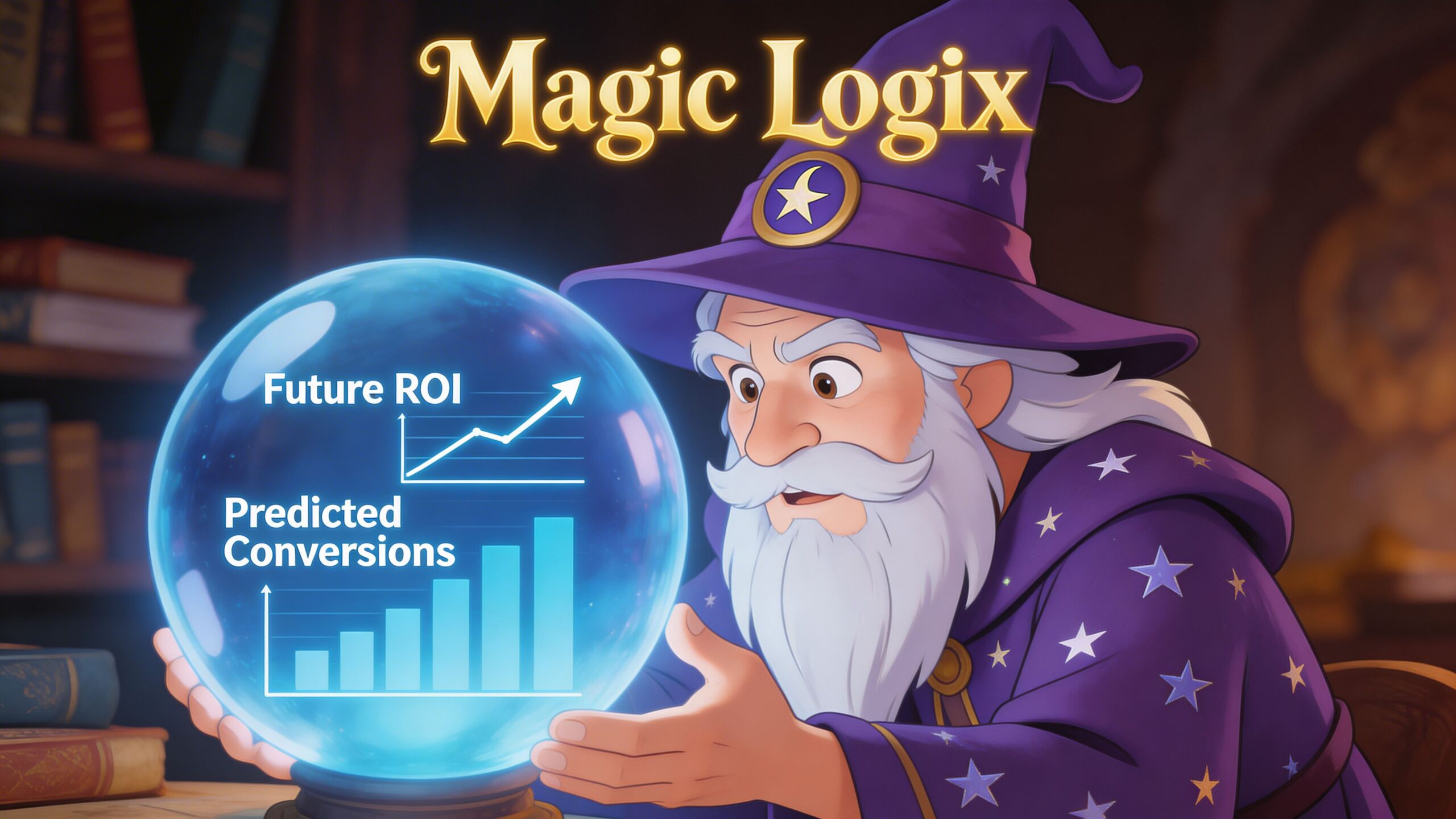 A wizard looking at a crystal ball showing graphs for future ROI and predicted conversions for marketing.
