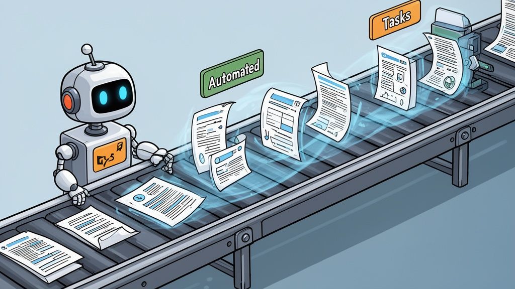 A robot processes paper documents on an automated conveyor belt for efficient small business tech solutions
