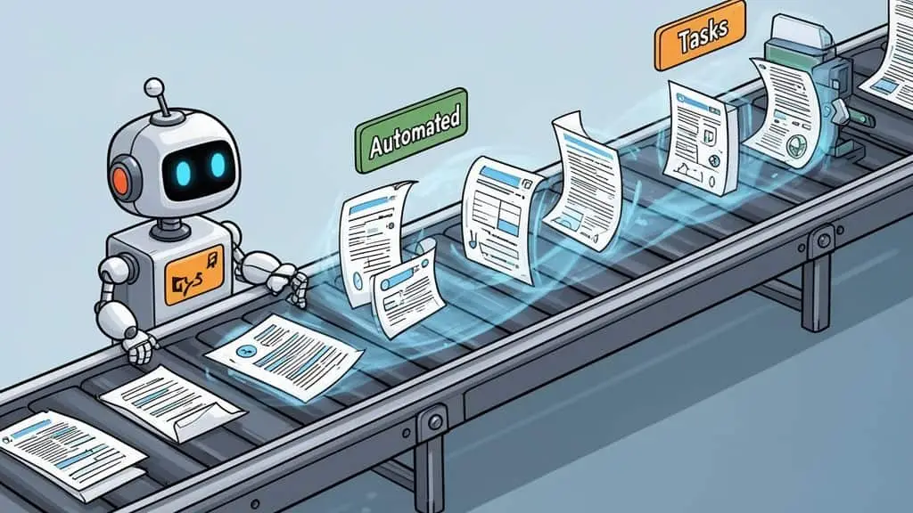 A robot processes paper documents on an automated conveyor belt for efficient small business tech solutions