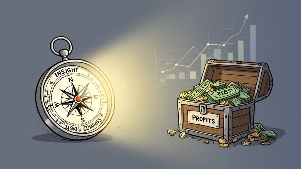 A compass shining light on a treasure chest filled with money, representing business profits and growth insights.