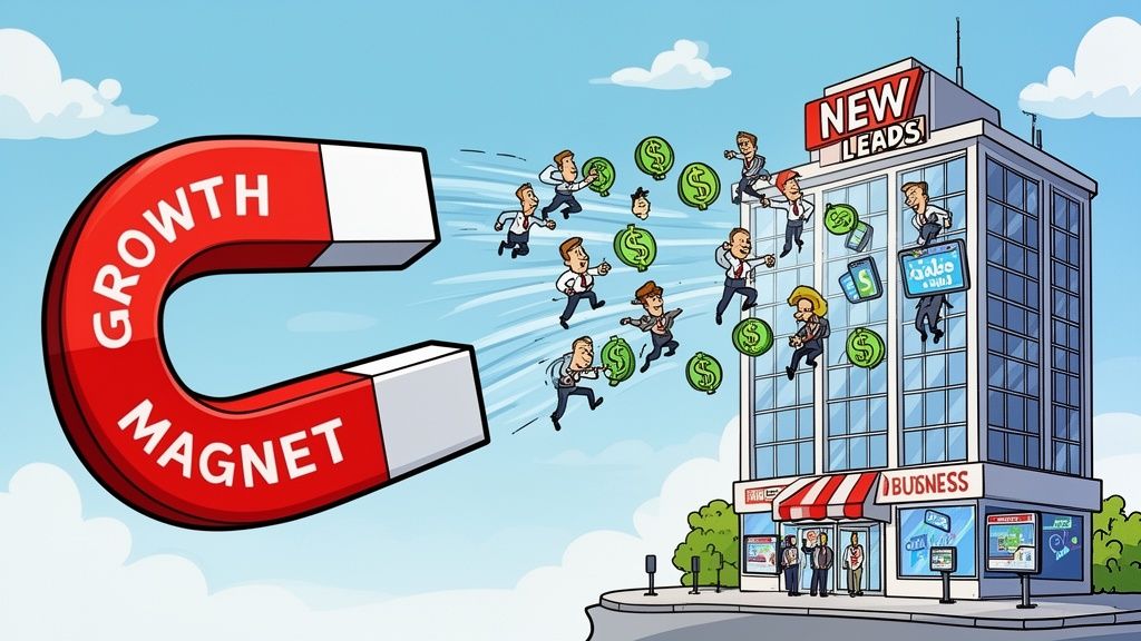 A red growth magnet attracting business people and dollar signs toward a small business office building.