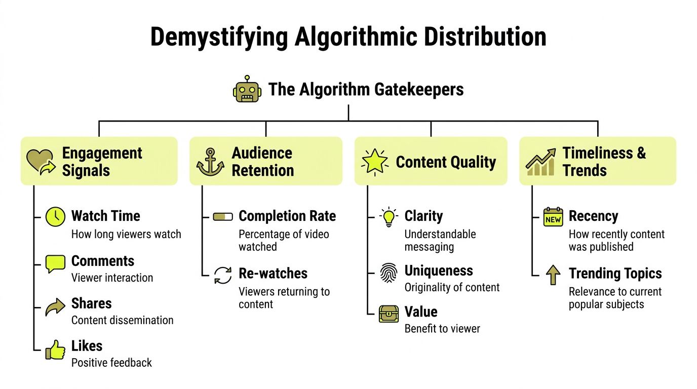 A diagram illustrating the four key factors of algorithmic distribution for online content success.