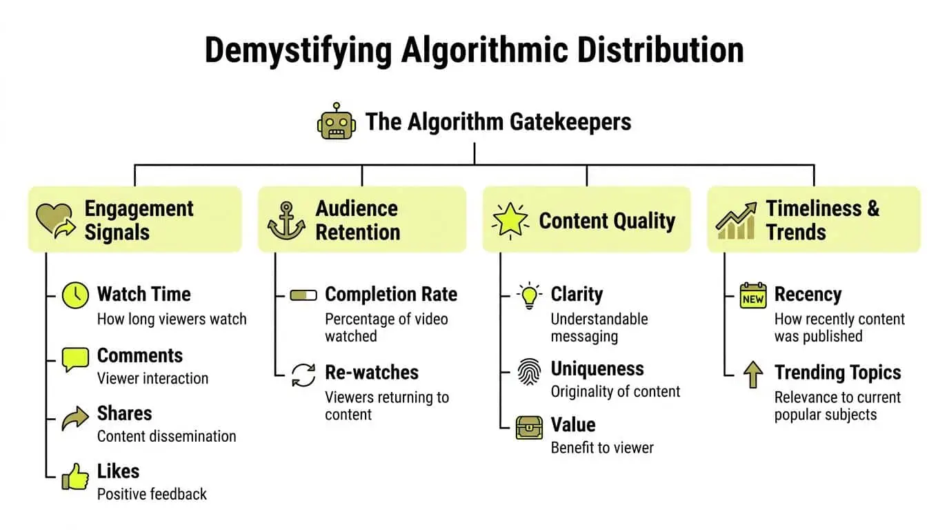 A diagram illustrating the four key factors of algorithmic distribution for online content success.